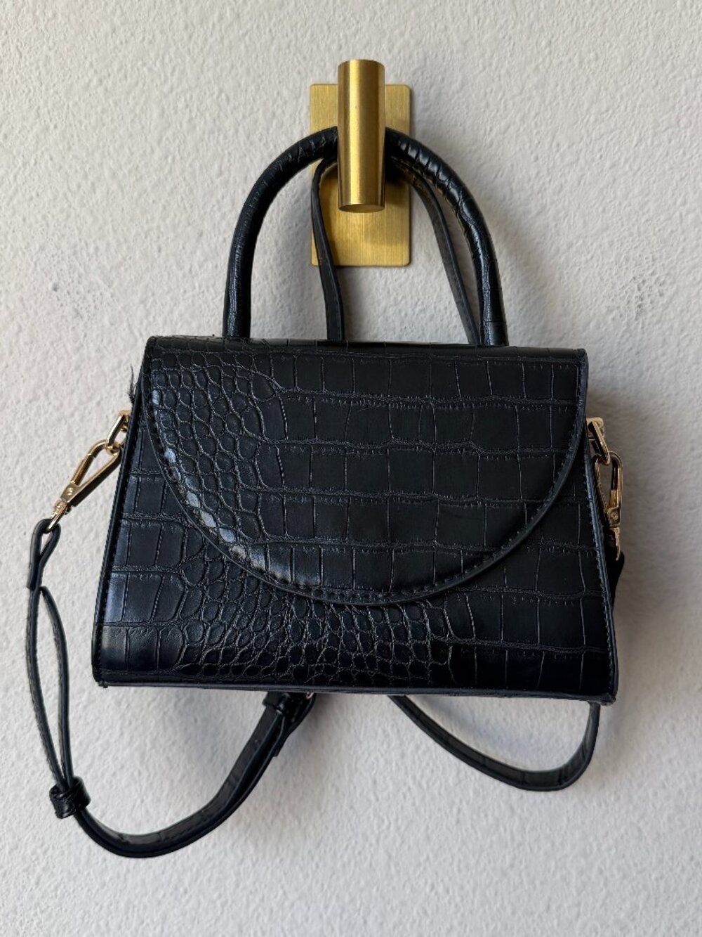 Olga Berg Nadia Black Croc Embossed Top Handle Bag